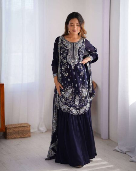 Women's Faux Georgette Sequins & Thread Work Straight Kurta With Sharara Suit and Dupatta Set